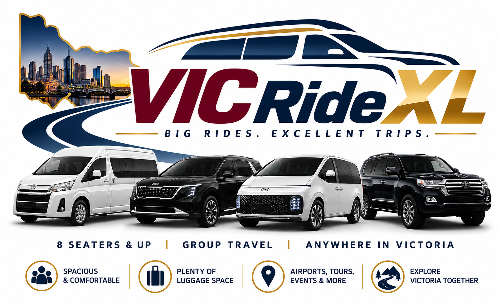 The VIC Ride XL fleet of 8-seater vans, people movers and 4WDs